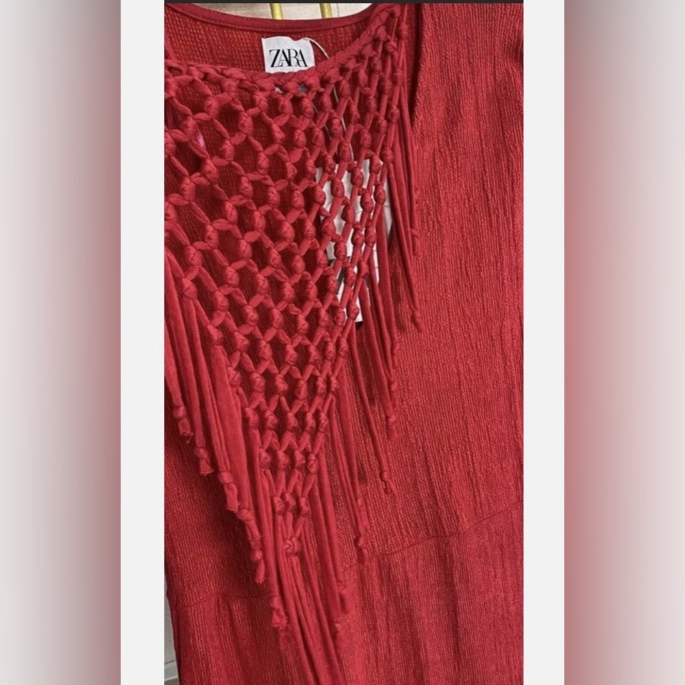 NWT Zara Long Sleeve Fringe Knit Midi Dress - Picture 4 of 12